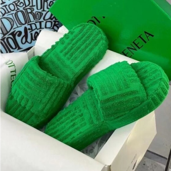 Grass Green Platform Slides Wool Cloth Bottega Veneta Inspired Sandals Shoes - Picture 7 of 11